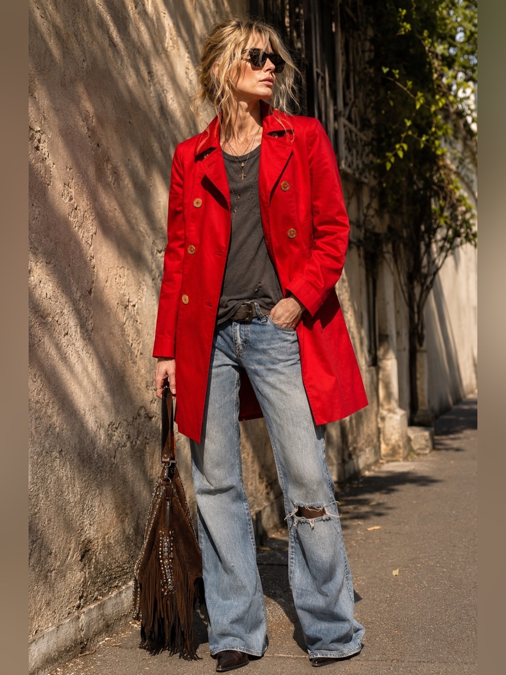 Juicy Couture Red Double Breasted Trench Coat Small Gold Button Jacket small